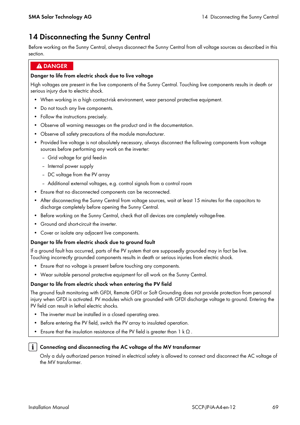 14 disconnecting the sunny central | SMA SC 500CP-10-JP Installation Manual User Manual | Page 69 / 88