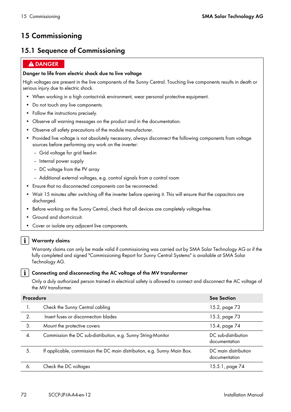 15 commissioning, 1 sequence of commissioning | SMA SC 500CP-10-JP Installation Manual User Manual | Page 72 / 88