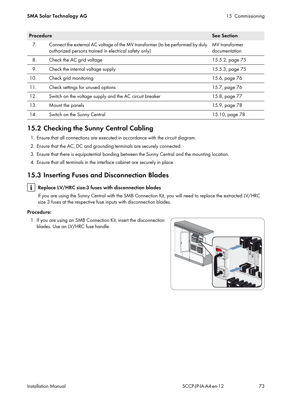 2 checking the sunny central cabling, 3 inserting fuses and disconnection blades | SMA SC 500CP-10-JP Installation Manual User Manual | Page 73 / 88