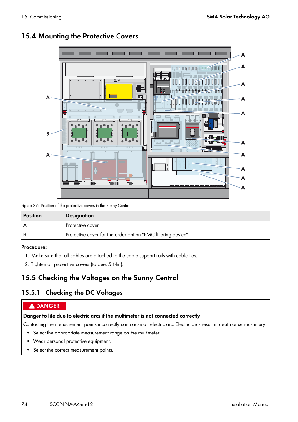 4 mounting the protective covers, 5 checking the voltages on the sunny central, 1 checking the dc voltages | SMA SC 500CP-10-JP Installation Manual User Manual | Page 74 / 88