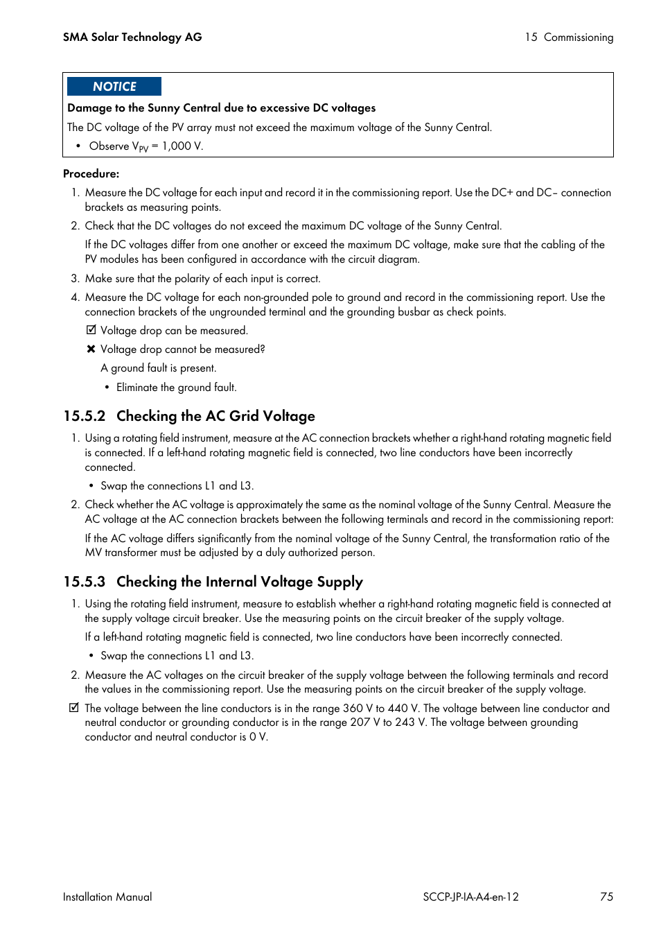 2 checking the ac grid voltage, 3 checking the internal voltage supply | SMA SC 500CP-10-JP Installation Manual User Manual | Page 75 / 88