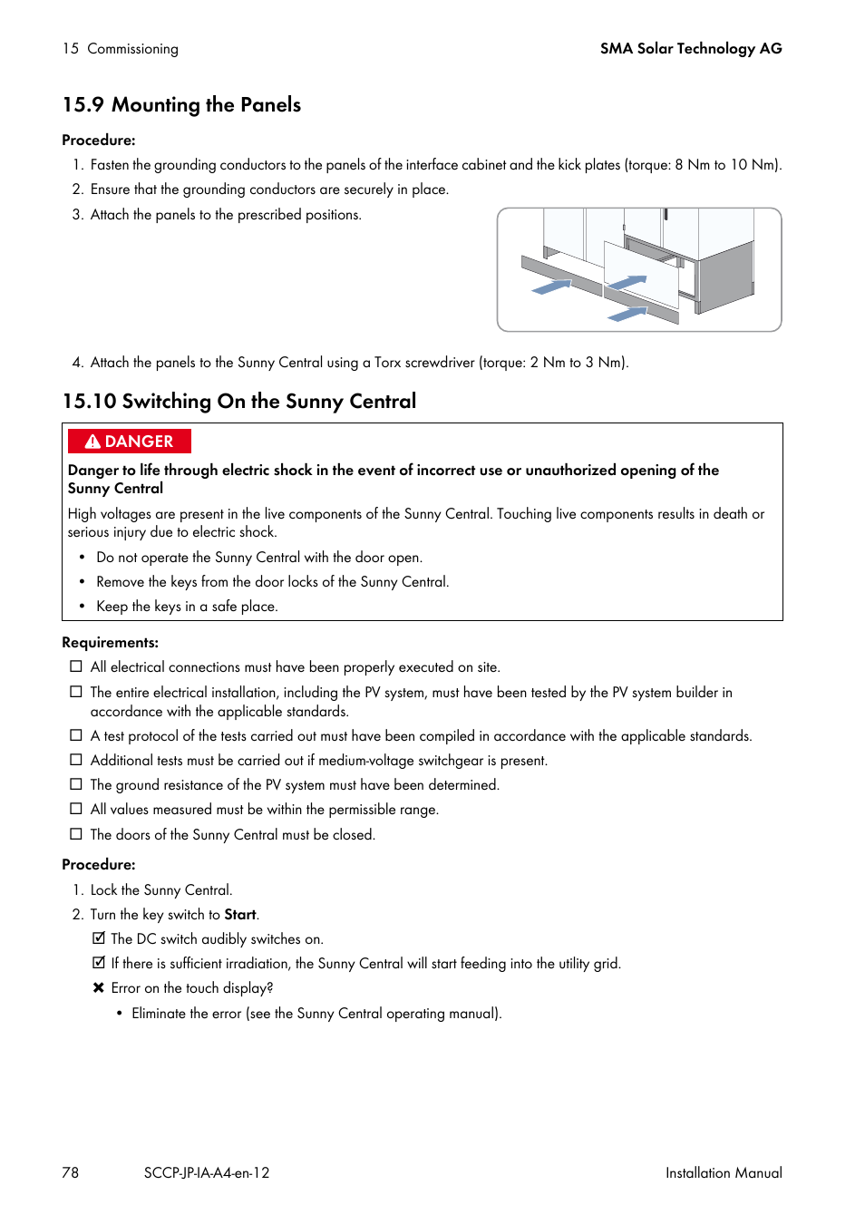 9 mounting the panels, 10 switching on the sunny central, 9, p | SMA SC 500CP-10-JP Installation Manual User Manual | Page 78 / 88