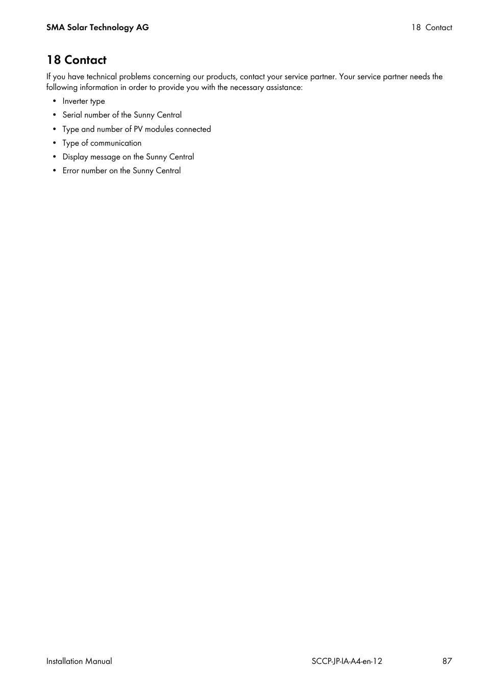 18 contact | SMA SC 500CP-10-JP Installation Manual User Manual | Page 87 / 88