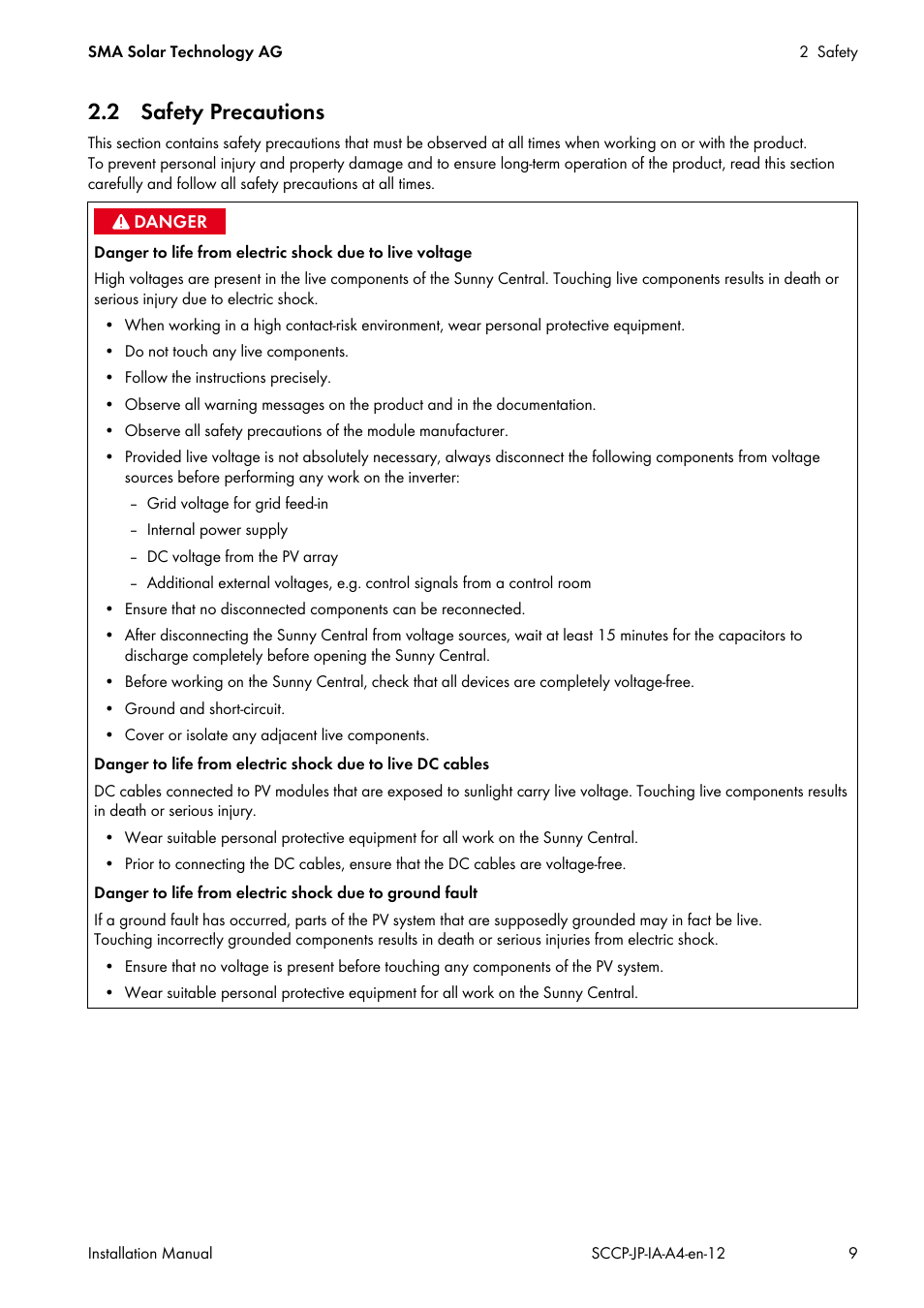 2 safety precautions | SMA SC 500CP-10-JP Installation Manual User Manual | Page 9 / 88