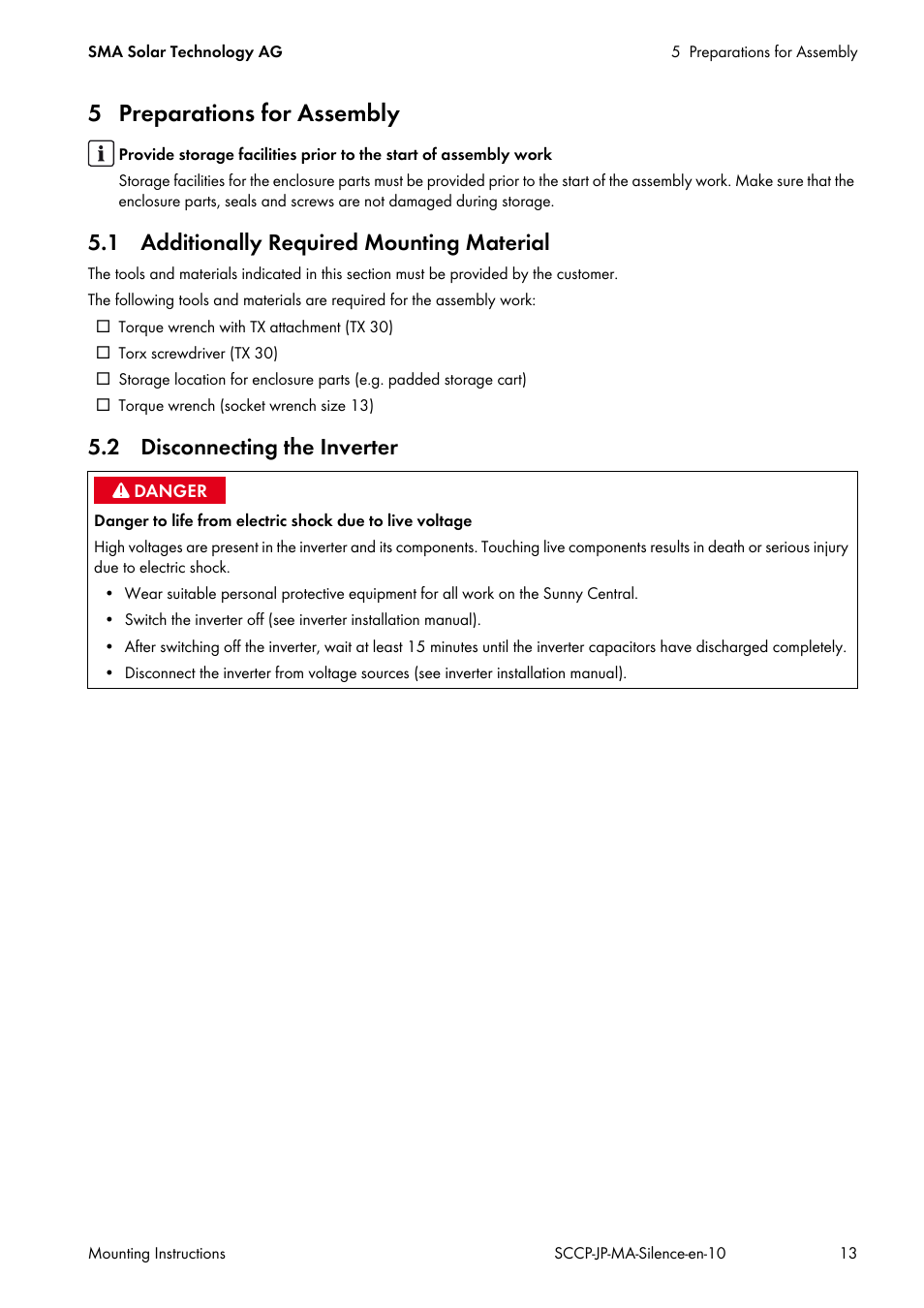 5 preparations for assembly, 1 additionally required mounting material, 2 disconnecting the inverter | SMA SC 500CP-10-JP Mounting Instructions User Manual | Page 13 / 36