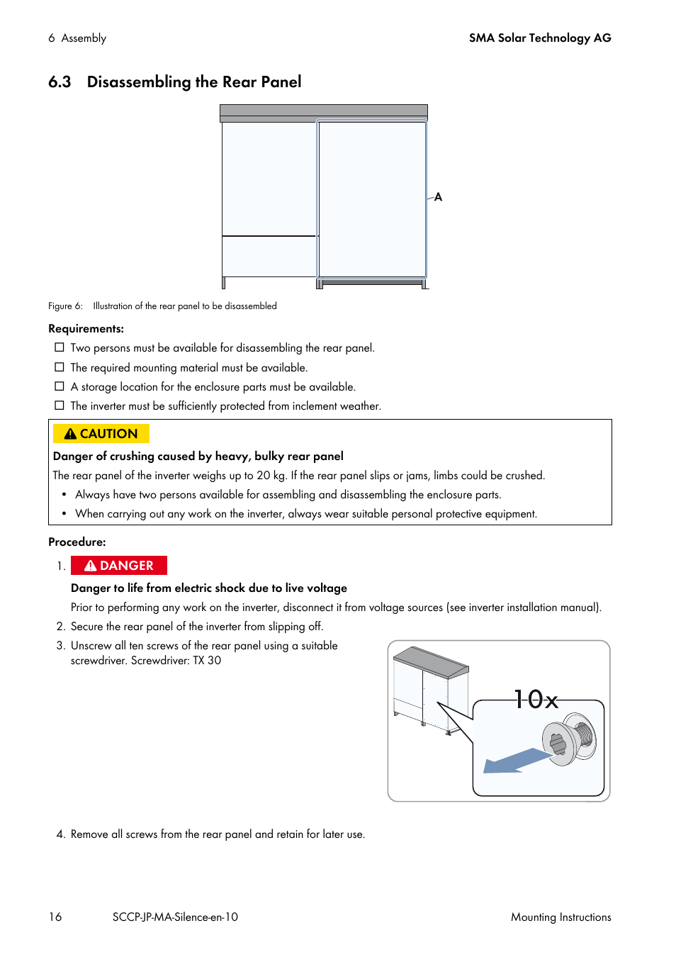 3 disassembling the rear panel | SMA SC 500CP-10-JP Mounting Instructions User Manual | Page 16 / 36