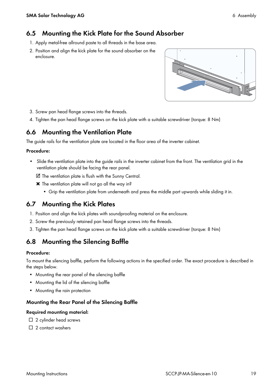 5 mounting the kick plate for the sound absorber, 6 mounting the ventilation plate, 7 mounting the kick plates | 8 mounting the silencing baffle | SMA SC 500CP-10-JP Mounting Instructions User Manual | Page 19 / 36