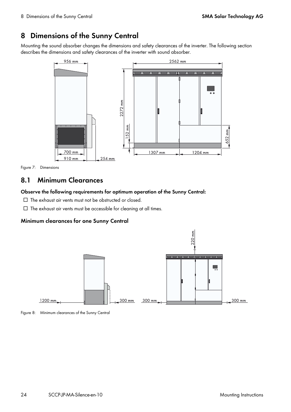 8 dimensions of the sunny central, 1 minimum clearances | SMA SC 500CP-10-JP Mounting Instructions User Manual | Page 24 / 36