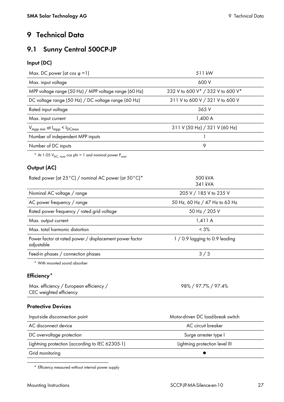 9 technical data, 1 sunny central 500cp‑jp | SMA SC 500CP-10-JP Mounting Instructions User Manual | Page 27 / 36