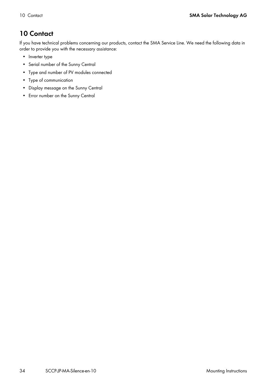 10 contact | SMA SC 500CP-10-JP Mounting Instructions User Manual | Page 34 / 36