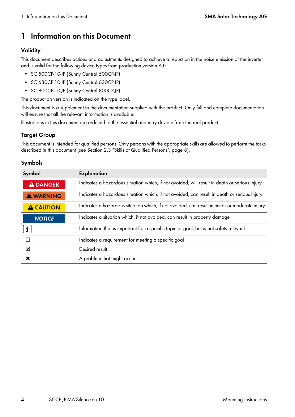 1 information on this document | SMA SC 500CP-10-JP Mounting Instructions User Manual | Page 4 / 36