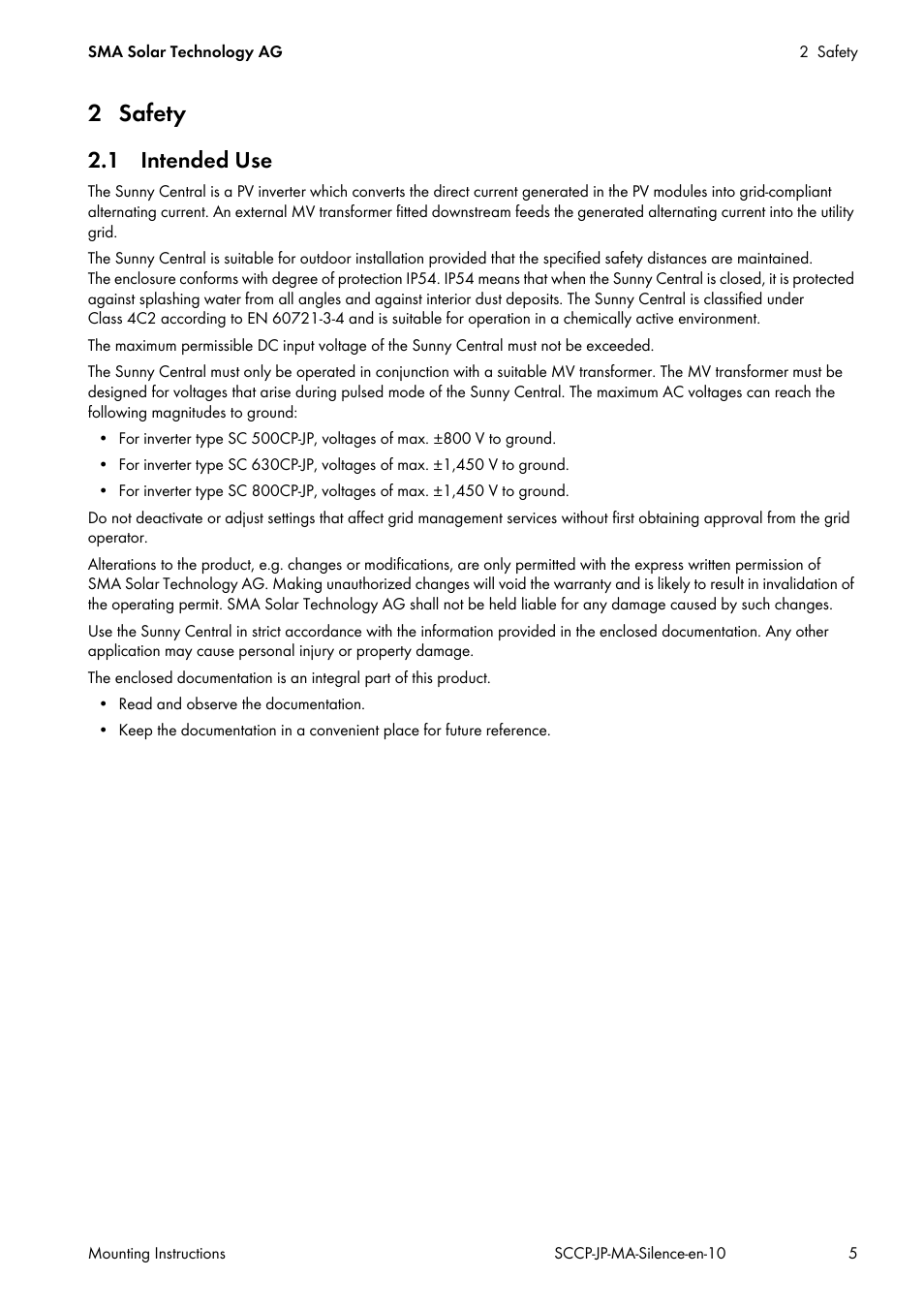 2 safety, 1 intended use | SMA SC 500CP-10-JP Mounting Instructions User Manual | Page 5 / 36