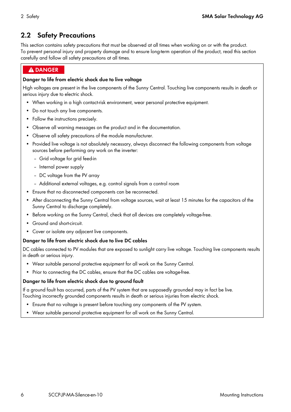 2 safety precautions | SMA SC 500CP-10-JP Mounting Instructions User Manual | Page 6 / 36