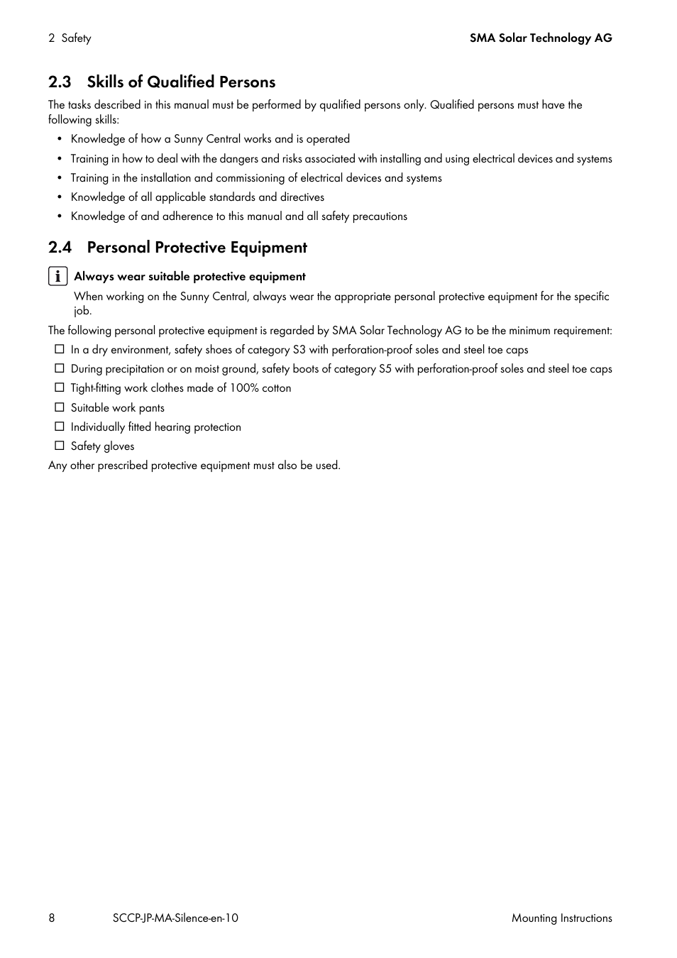 3 skills of qualified persons, 4 personal protective equipment | SMA SC 500CP-10-JP Mounting Instructions User Manual | Page 8 / 36