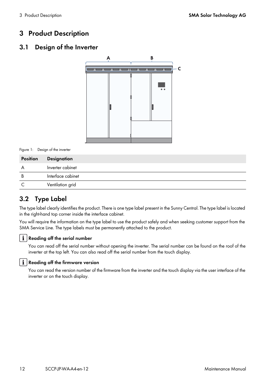 3 product description, 1 design of the inverter, 2 type label | 1 design of the inverter 3.2 type label | SMA SC 500CP-10-JP Maintenance Manual User Manual | Page 12 / 52