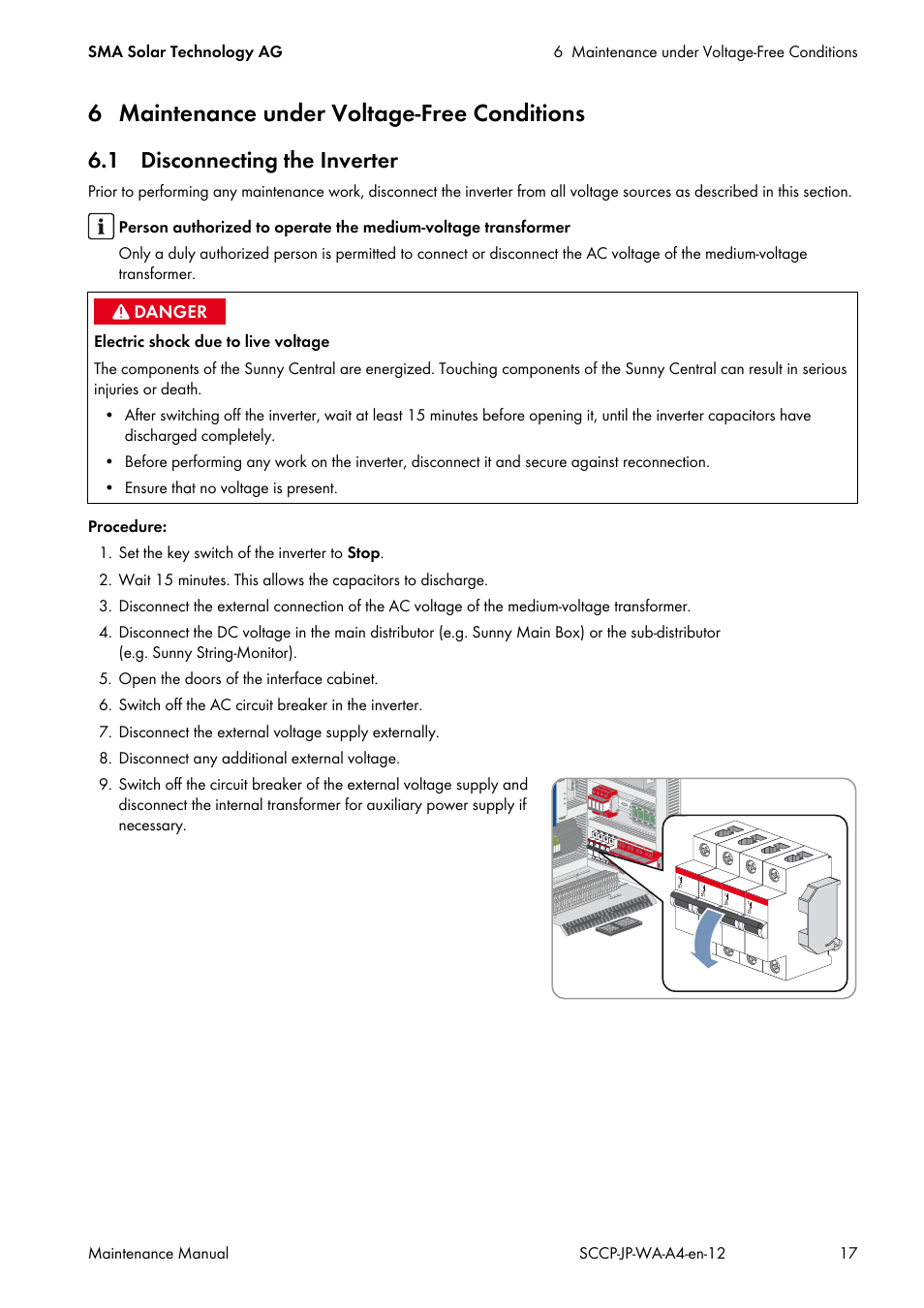 6 maintenance under voltage-free conditions, 1 disconnecting the inverter | SMA SC 500CP-10-JP Maintenance Manual User Manual | Page 17 / 52