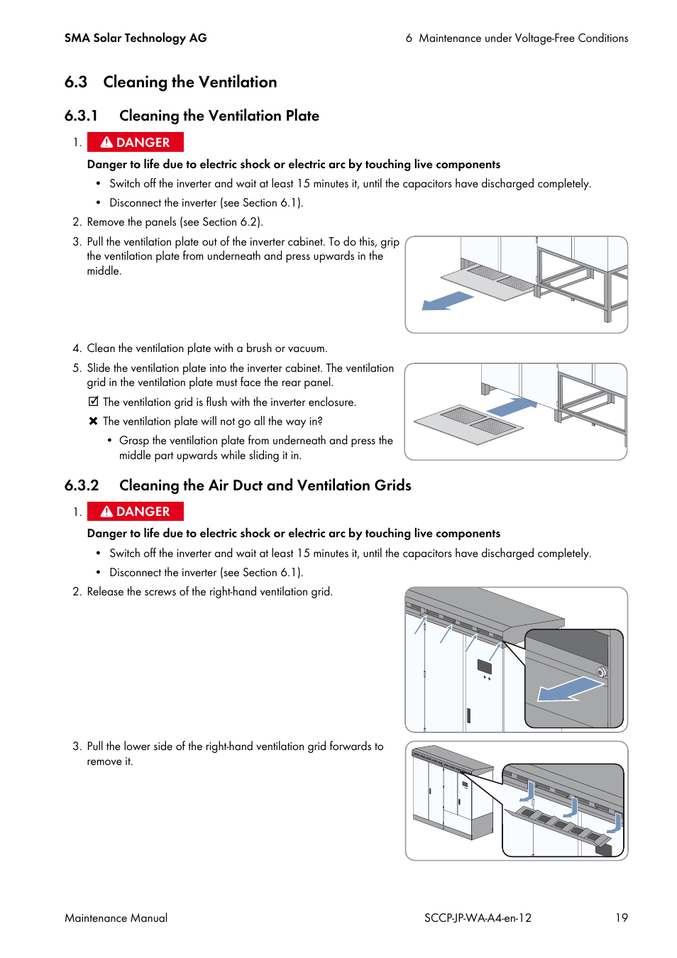 3 cleaning the ventilation, 1 cleaning the ventilation plate, 2 cleaning the air duct and ventilation grids | SMA SC 500CP-10-JP Maintenance Manual User Manual | Page 19 / 52