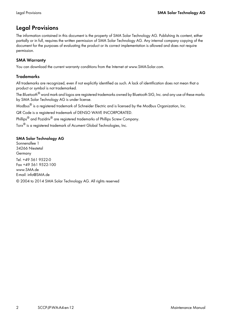 Legal provisions | SMA SC 500CP-10-JP Maintenance Manual User Manual | Page 2 / 52