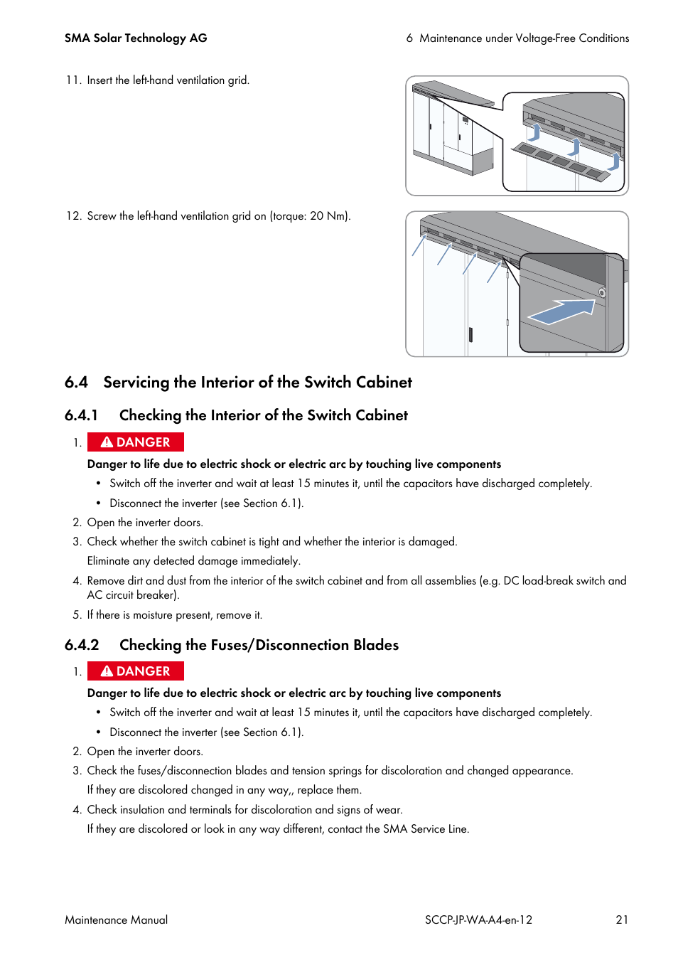 4 servicing the interior of the switch cabinet, 1 checking the interior of the switch cabinet, 2 checking the fuses/disconnection blades | SMA SC 500CP-10-JP Maintenance Manual User Manual | Page 21 / 52