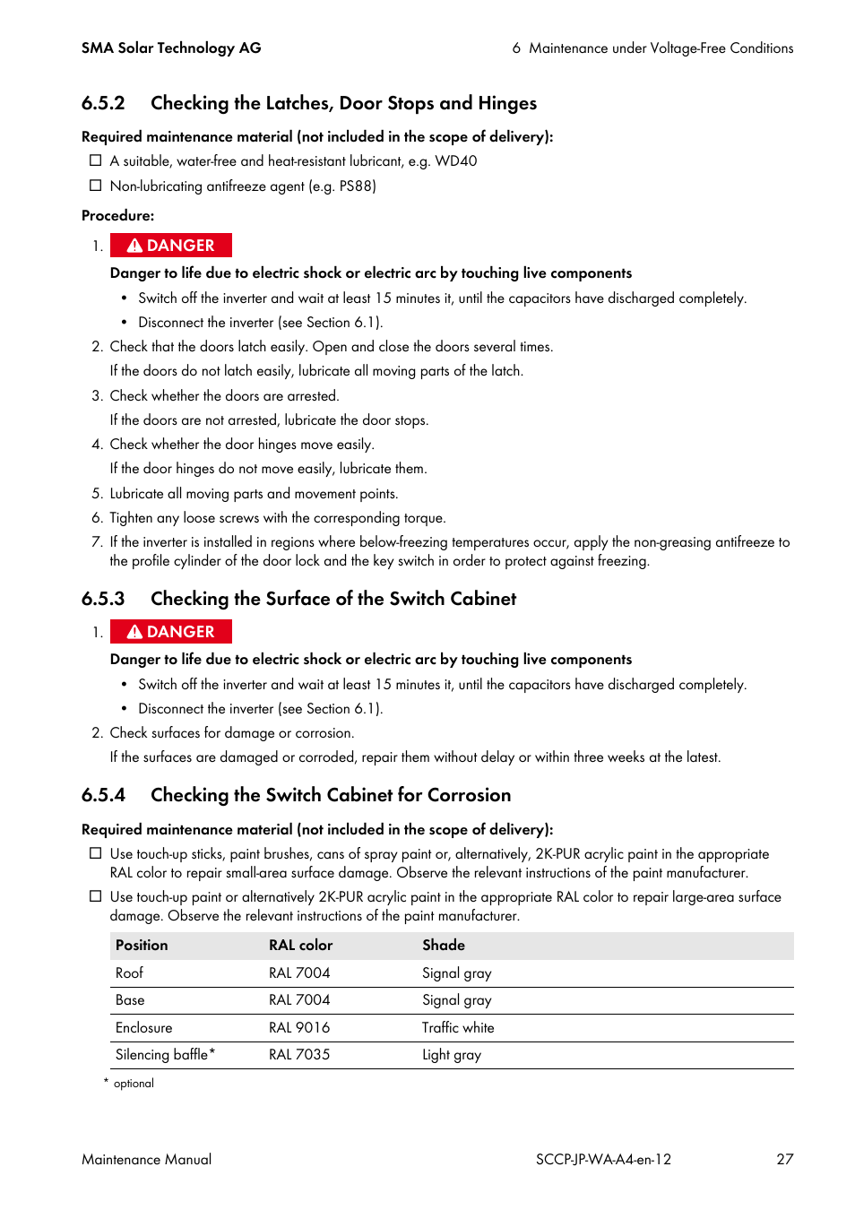 2 checking the latches, door stops and hinges, 3 checking the surface of the switch cabinet, 4 checking the switch cabinet for corrosion | SMA SC 500CP-10-JP Maintenance Manual User Manual | Page 27 / 52