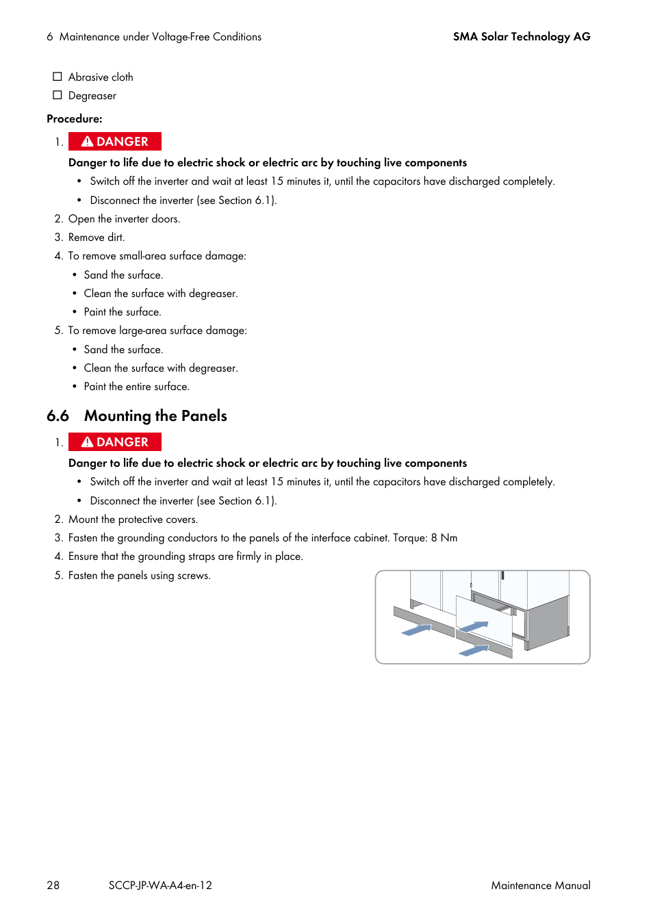 6 mounting the panels | SMA SC 500CP-10-JP Maintenance Manual User Manual | Page 28 / 52