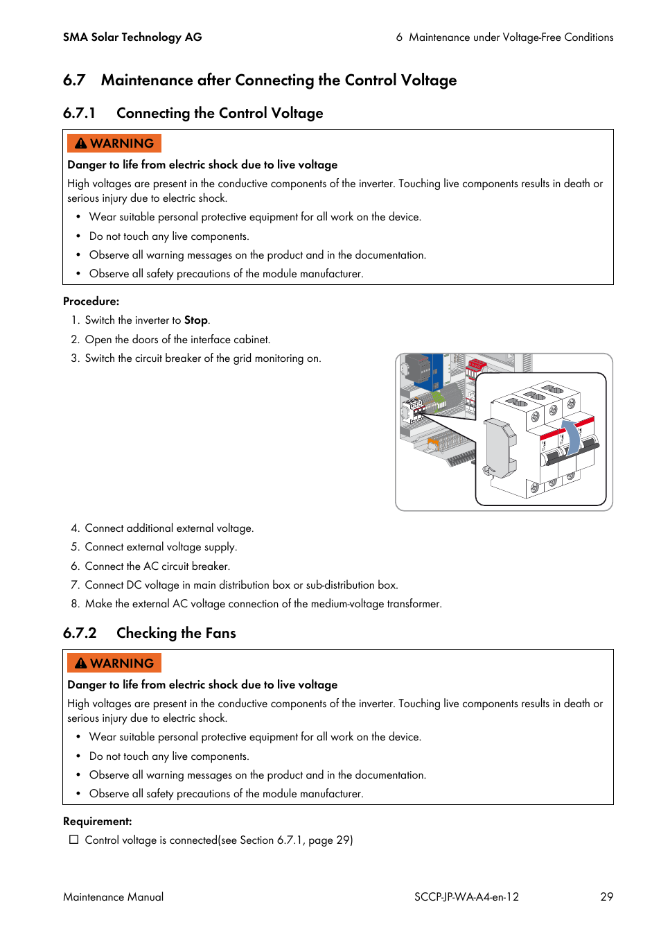 7 maintenance after connecting the control voltage, 1 connecting the control voltage, 2 checking the fans | SMA SC 500CP-10-JP Maintenance Manual User Manual | Page 29 / 52