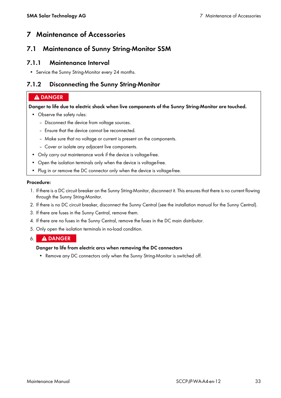7 maintenance of accessories, 1 maintenance of sunny string-monitor ssm, 1 maintenance interval | 2 disconnecting the sunny string-monitor | SMA SC 500CP-10-JP Maintenance Manual User Manual | Page 33 / 52