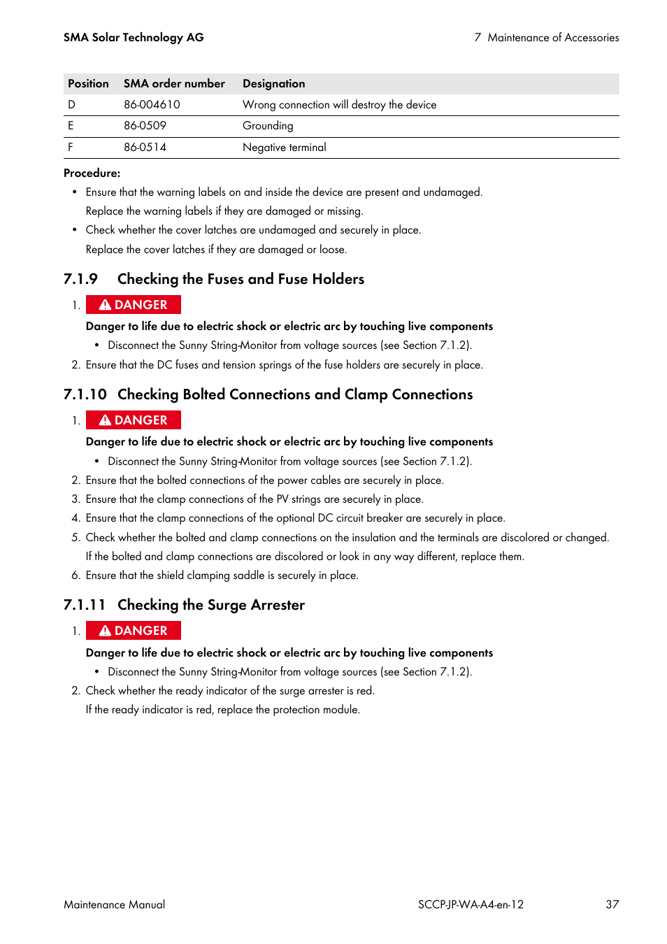 9 checking the fuses and fuse holders, 11 checking the surge arrester | SMA SC 500CP-10-JP Maintenance Manual User Manual | Page 37 / 52