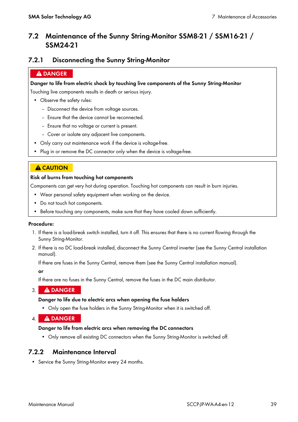 1 disconnecting the sunny string-monitor, 2 maintenance interval | SMA SC 500CP-10-JP Maintenance Manual User Manual | Page 39 / 52