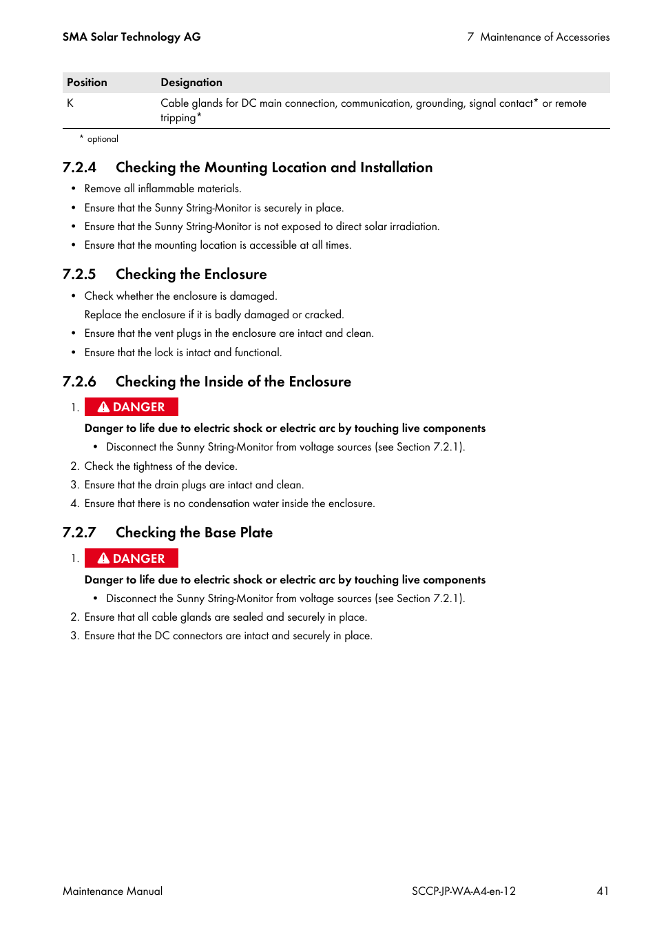 4 checking the mounting location and installation, 5 checking the enclosure, 6 checking the inside of the enclosure | 7 checking the base plate, Or remote tripping, Or busbar, Able entry plate for the string cables | SMA SC 500CP-10-JP Maintenance Manual User Manual | Page 41 / 52