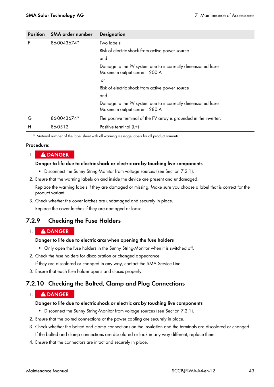 9 checking the fuse holders, 10 checking the bolted, clamp and plug connections | SMA SC 500CP-10-JP Maintenance Manual User Manual | Page 43 / 52
