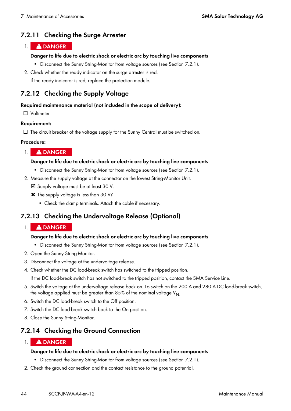 11 checking the surge arrester, 12 checking the supply voltage, 13 checking the undervoltage release (optional) | 14 checking the ground connection | SMA SC 500CP-10-JP Maintenance Manual User Manual | Page 44 / 52