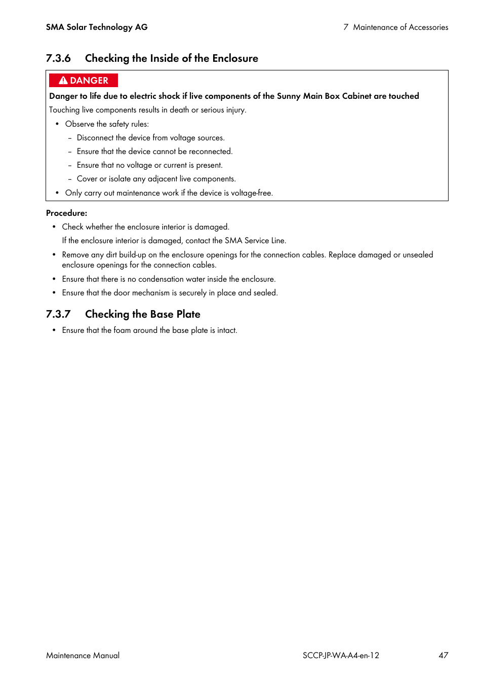 6 checking the inside of the enclosure, 7 checking the base plate | SMA SC 500CP-10-JP Maintenance Manual User Manual | Page 47 / 52