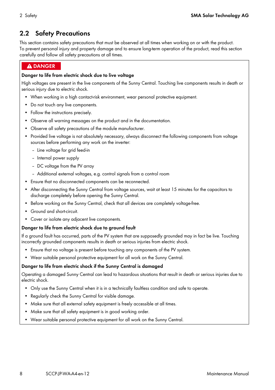 2 safety precautions | SMA SC 500CP-10-JP Maintenance Manual User Manual | Page 8 / 52