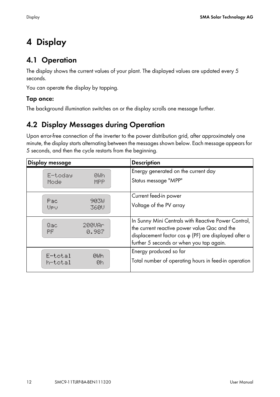 4 display, 1 operation, 2 display messages during operation | Display, Operation, Display messages during operation | SMA SC 9000TL User Manual | Page 12 / 24