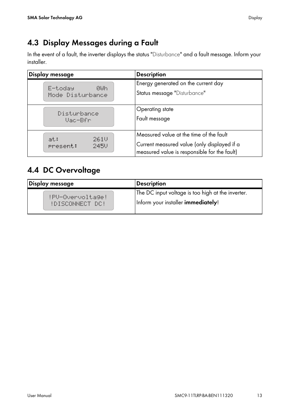 3 display messages during a fault, 4 dc overvoltage, Display messages during a fault | Dc overvoltage | SMA SC 9000TL User Manual | Page 13 / 24