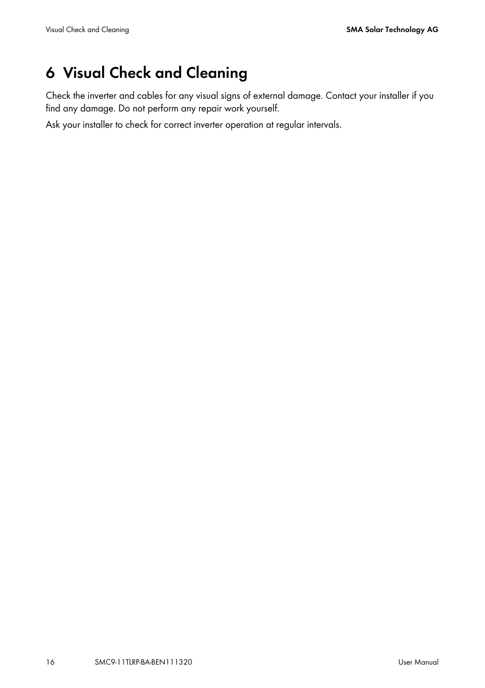 6 visual check and cleaning, Visual check and cleaning | SMA SC 9000TL User Manual | Page 16 / 24