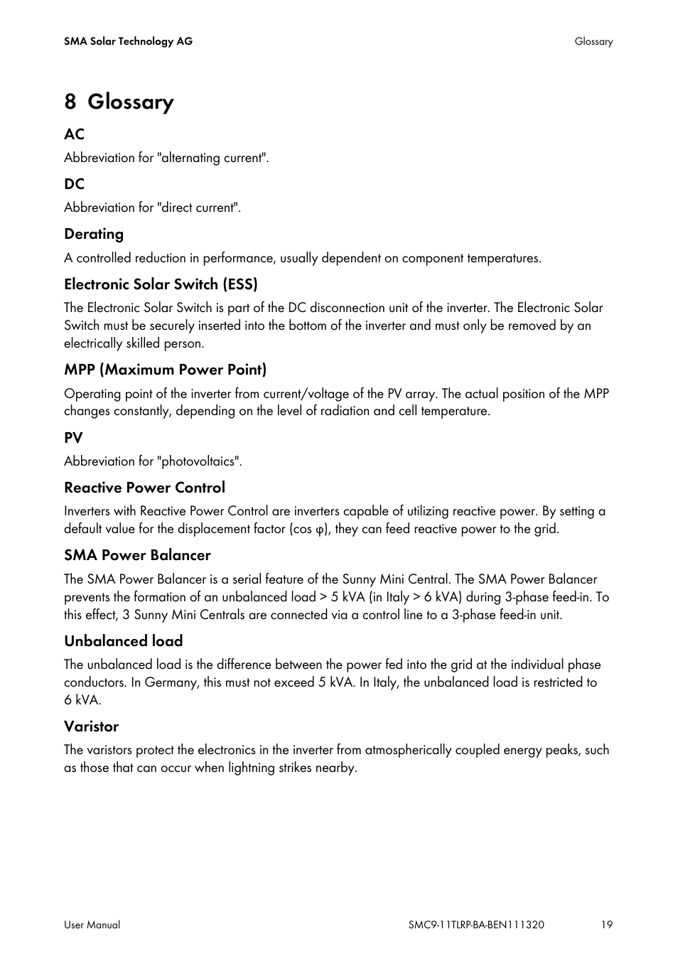 8 glossary, Glossary | SMA SC 9000TL User Manual | Page 19 / 24