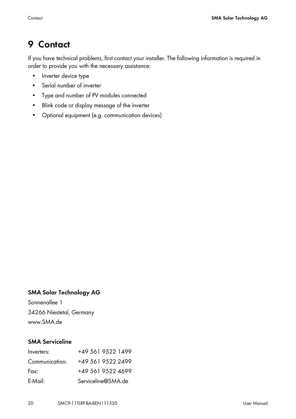 9 contact, Contact | SMA SC 9000TL User Manual | Page 20 / 24