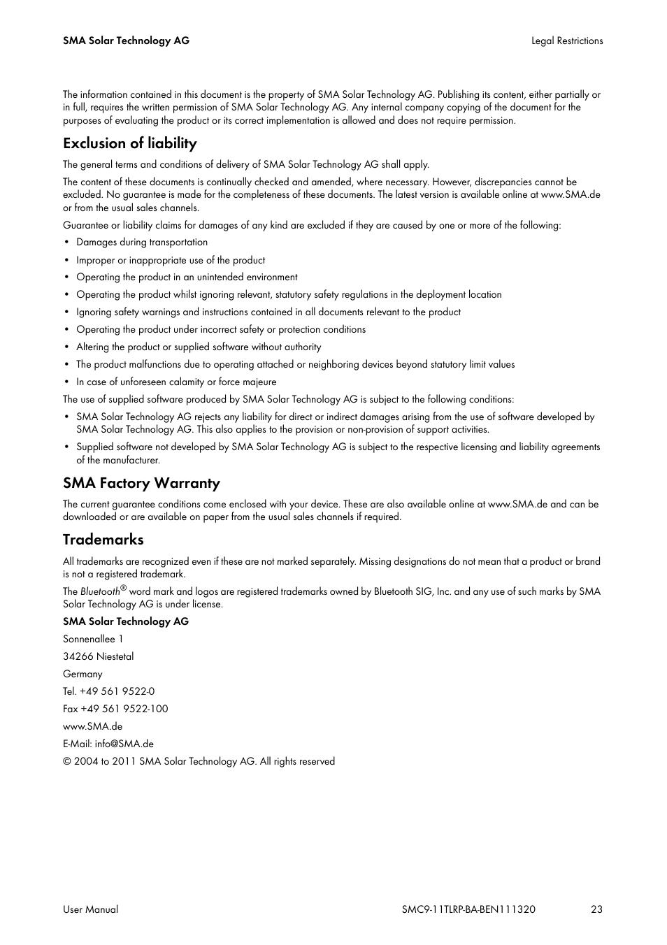 Exclusion of liability, Sma factory warranty, Trademarks | SMA SC 9000TL User Manual | Page 23 / 24