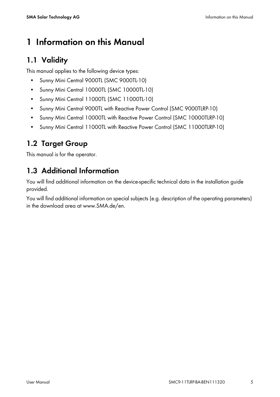 1 information on this manual, 1 validity, 2 target group | 3 additional information, Information on this manual, Validity, Target group, Additional information | SMA SC 9000TL User Manual | Page 5 / 24