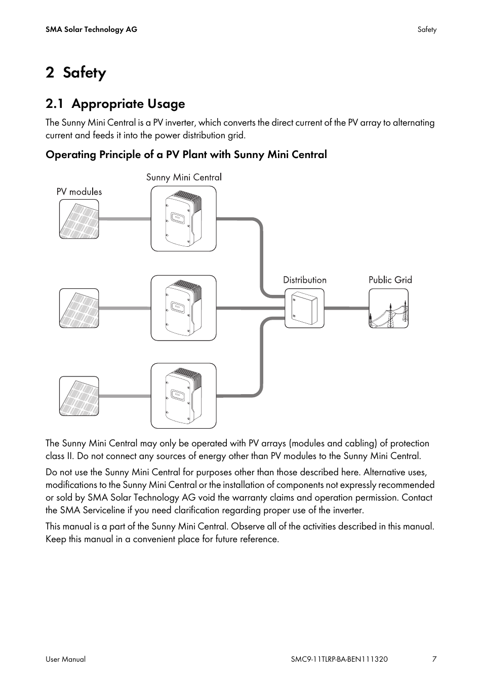 2 safety, 1 appropriate usage, Safety | Appropriate usage | SMA SC 9000TL User Manual | Page 7 / 24