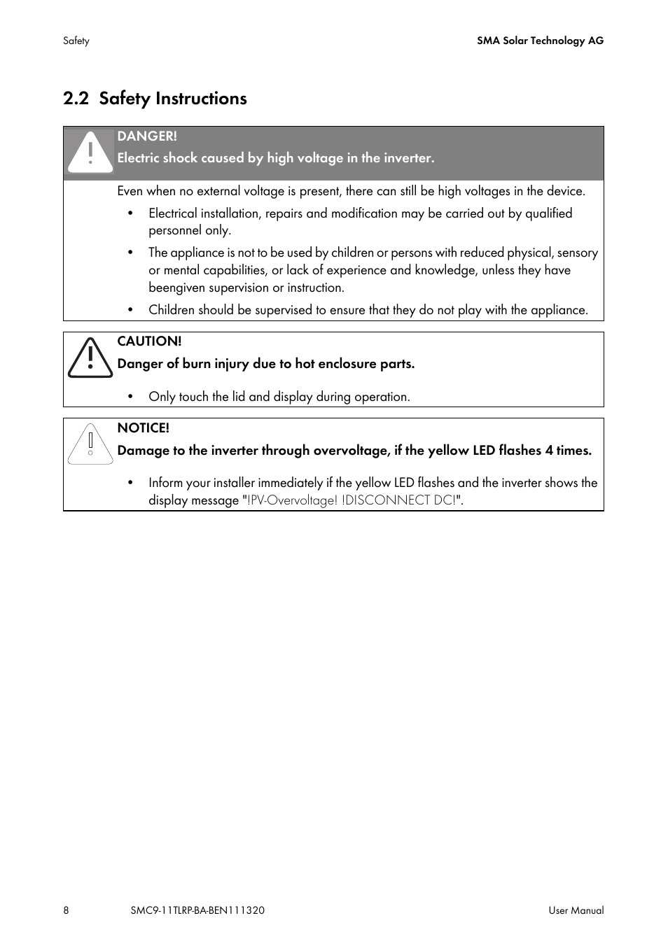 2 safety instructions, Safety instructions | SMA SC 9000TL User Manual | Page 8 / 24