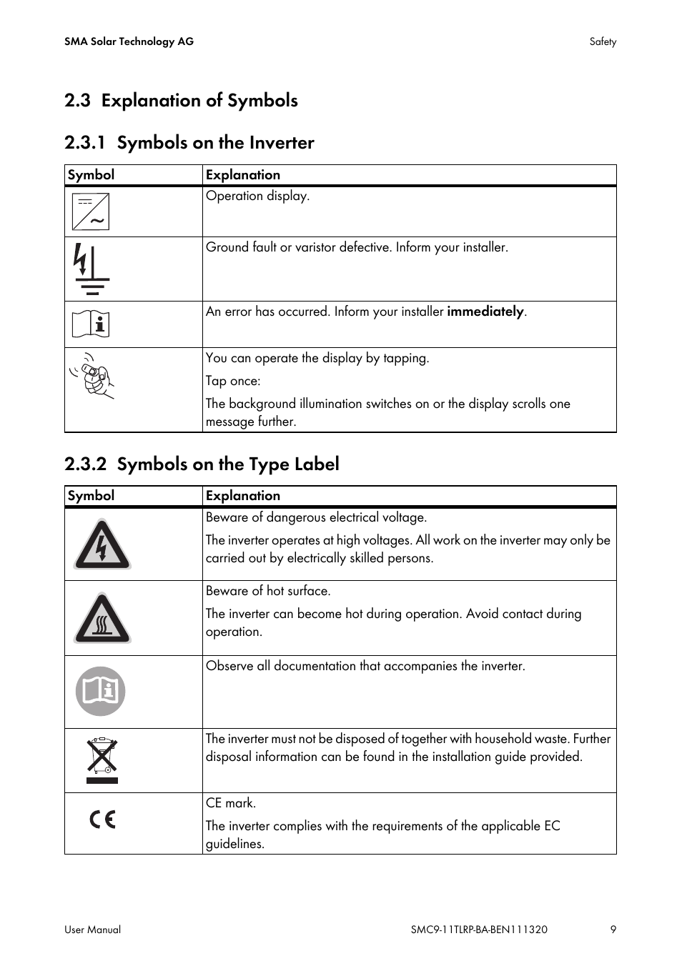 3 explanation of symbols, 1 symbols on the inverter, 2 symbols on the type label | Explanation of symbols, Symbols on the inverter, Symbols on the type label | SMA SC 9000TL User Manual | Page 9 / 24