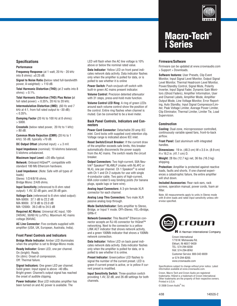 Macro-tech, I series | Crown Audio 12000i User Manual | Page 2 / 2