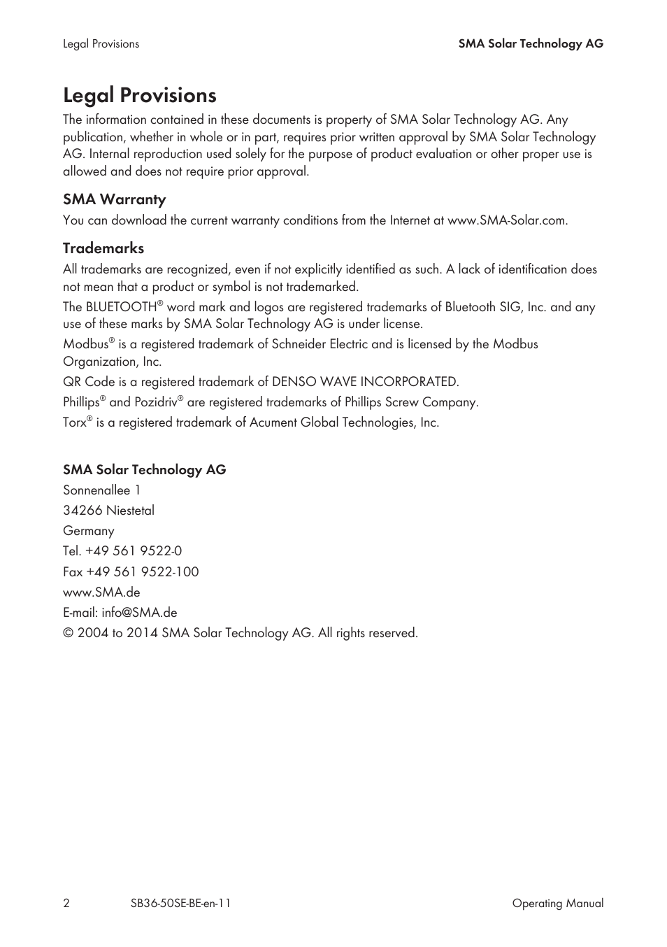 Legal provisions, Sma warranty, Trademarks | SMA SB 3600SE-10 User Manual | Page 2 / 68