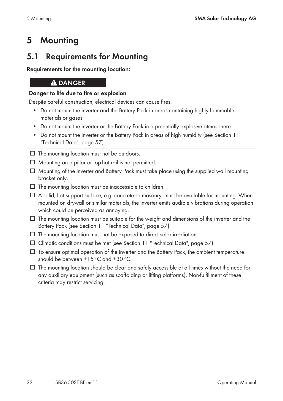 5 mounting, 1 requirements for mounting, Mounting | Requirements for mounting | SMA SB 3600SE-10 User Manual | Page 22 / 68