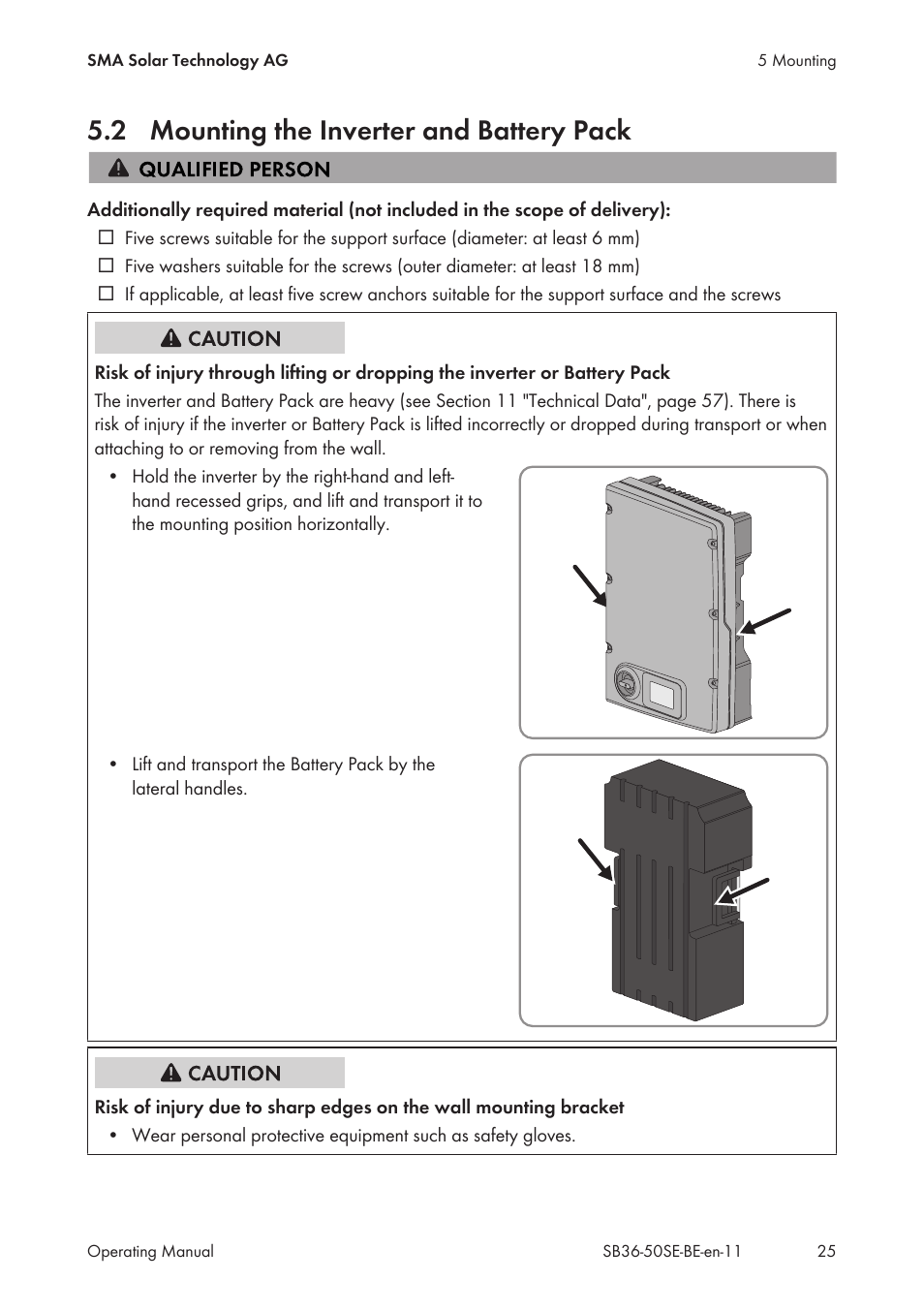 2 mounting the inverter and battery pack, Mounting the inverter and battery pack | SMA SB 3600SE-10 User Manual | Page 25 / 68