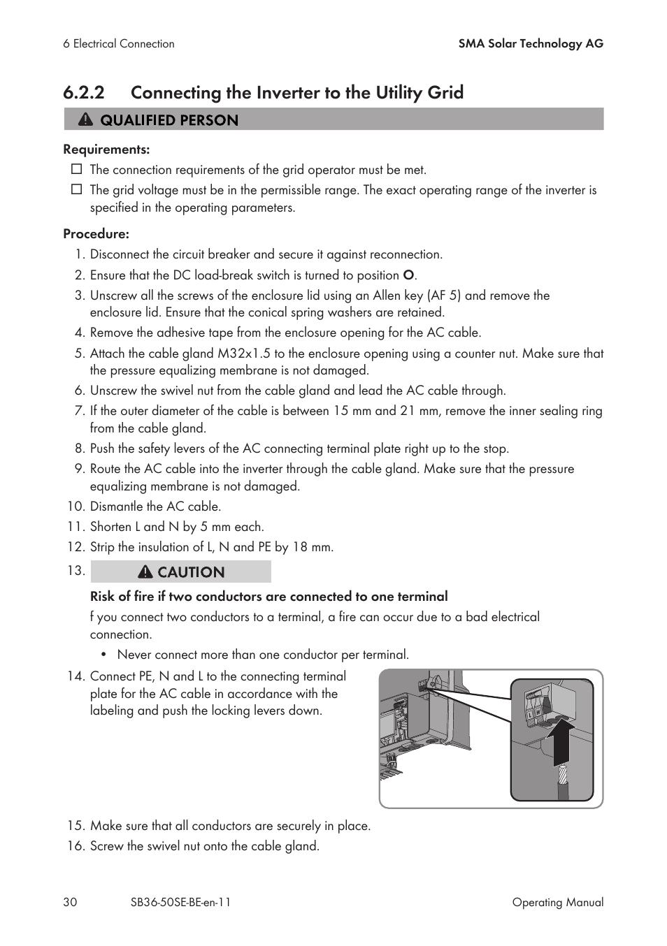 2 connecting the inverter to the utility grid, Connecting the inverter to the utility grid | SMA SB 3600SE-10 User Manual | Page 30 / 68