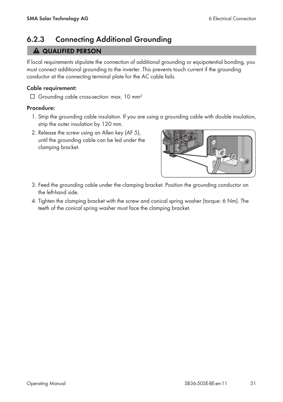 3 connecting additional grounding, Connecting additional grounding | SMA SB 3600SE-10 User Manual | Page 31 / 68